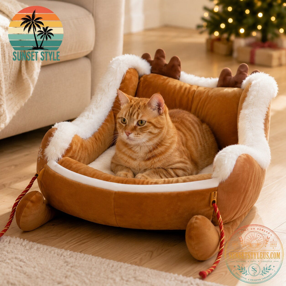 Cozy Christmas Reindeer Cat Bed