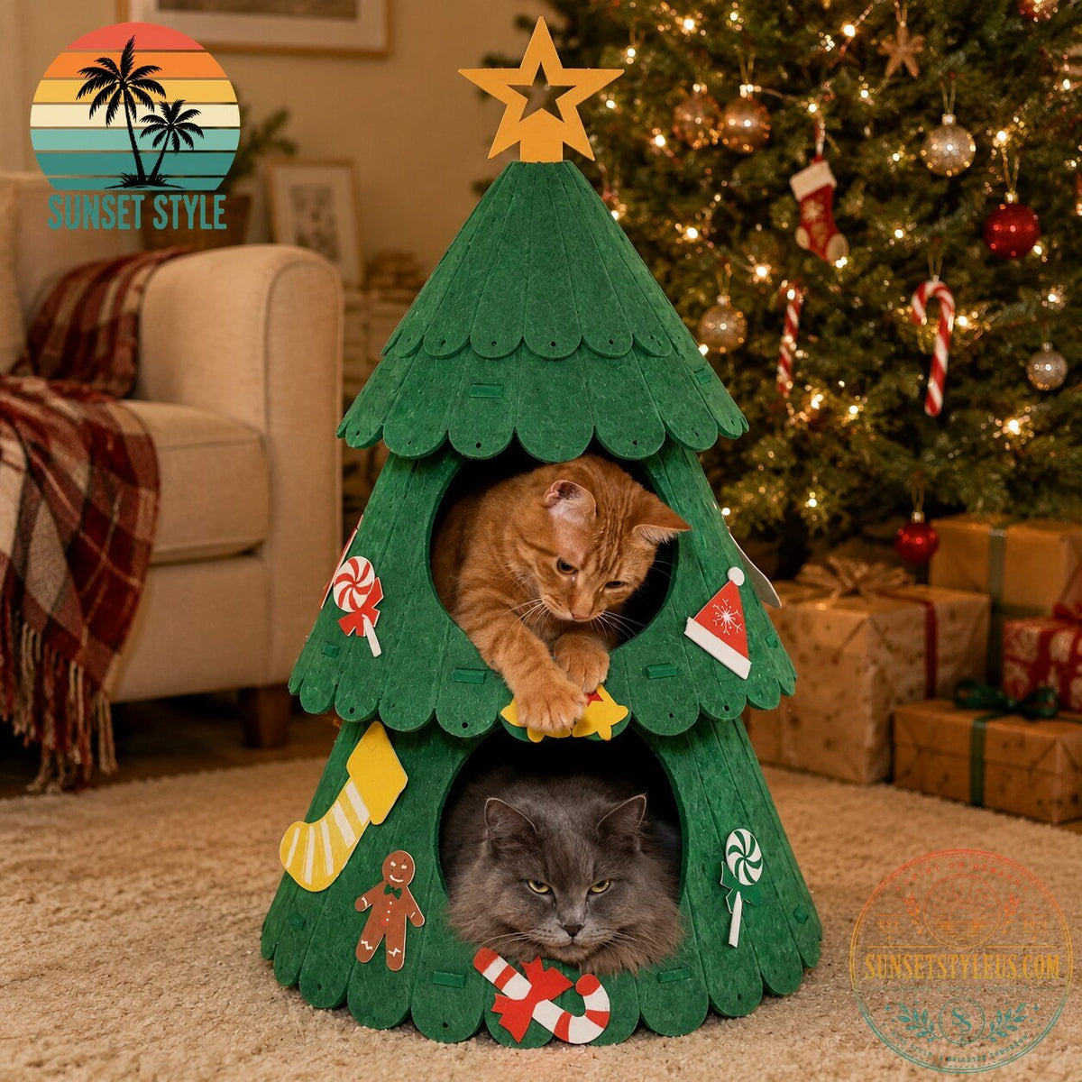 Double-Layer Felt Christmas Tree Cat Bed