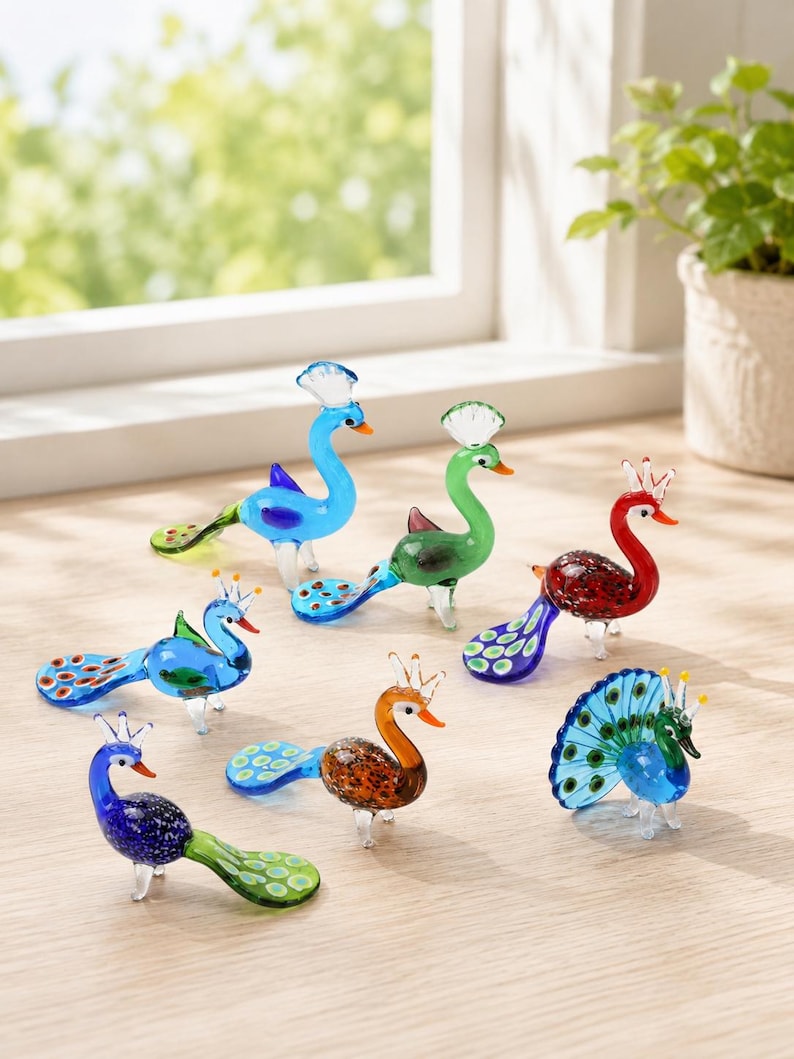 Handmade Glass Peacock Figurine – Colorful Bird Sculpture Decor