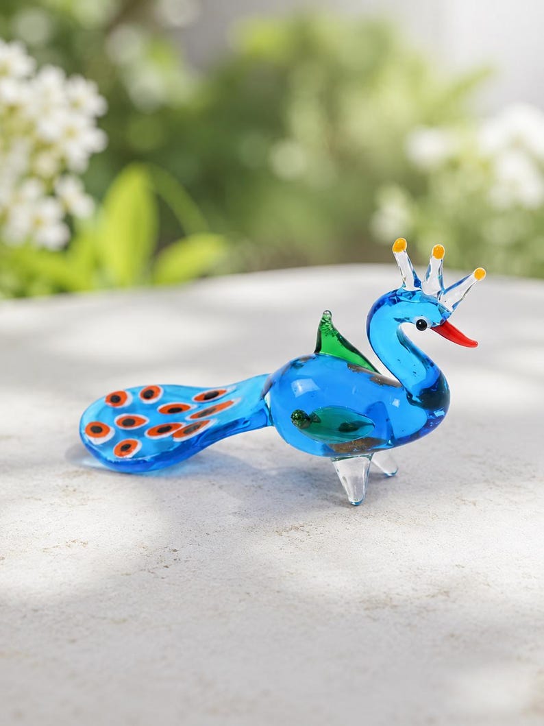Handmade Glass Peacock Figurine – Colorful Bird Sculpture Decor