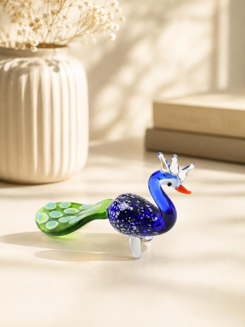 Handmade Glass Peacock Figurine – Colorful Bird Sculpture Decor