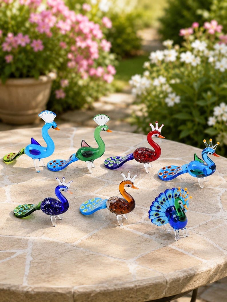 Handmade Glass Peacock Figurine – Colorful Bird Sculpture Decor
