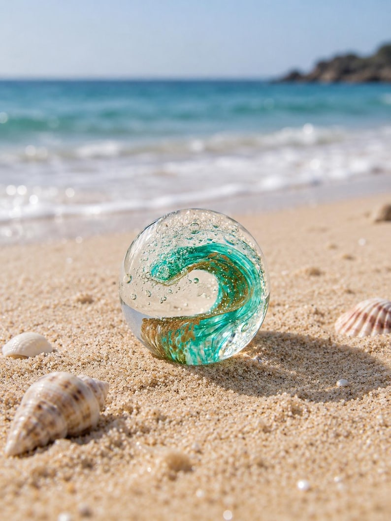 Handmade Glass Ocean Wave Paperweight – Coastal Desk Decor