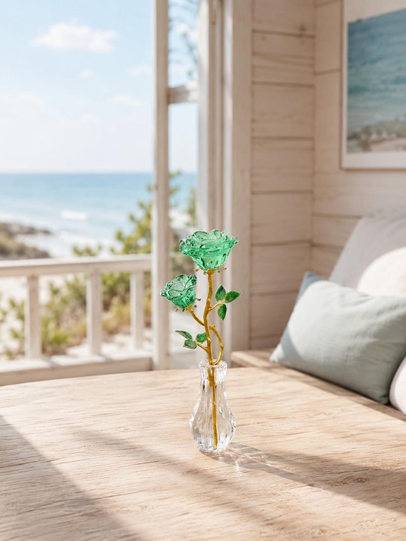 Handmade Glass Rose in Vase – Crystal Floral Figurine Home Decor