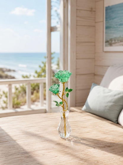 Handmade Glass Rose in Vase – Crystal Floral Figurine Home Decor