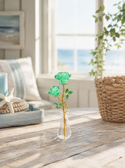Handmade Glass Rose in Vase – Crystal Floral Figurine Home Decor